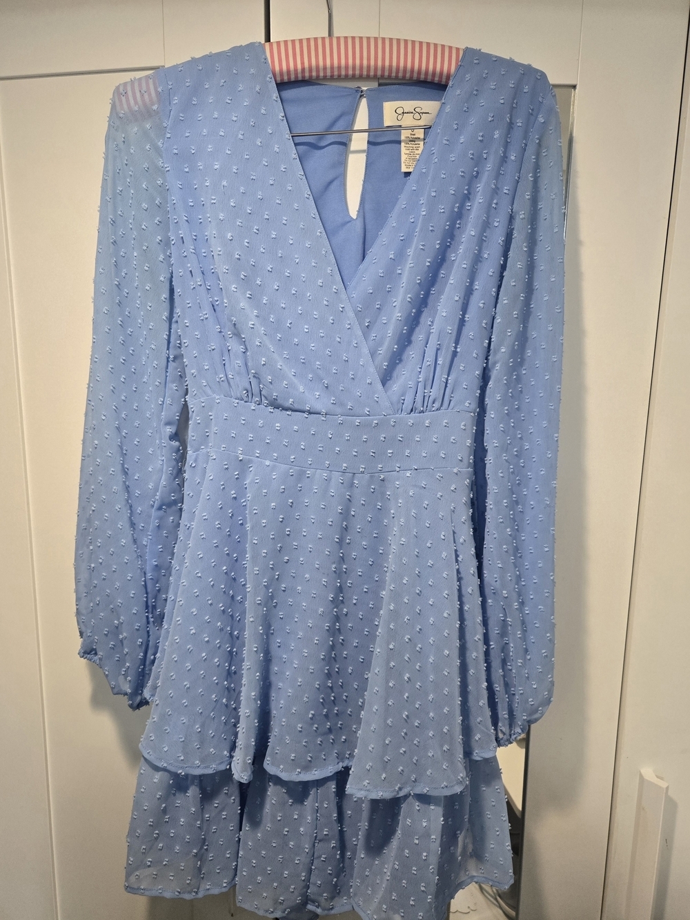 Jessica Simpson Light Blue Wrap back Tiered Long-Sleeve Dress - Picture 4 of 9